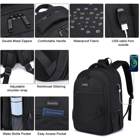 Black Men's Backpack with USB Charging Port - Picture 7 of 8